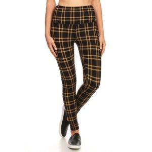 Soft Fleece Lined Black & Gold Plaid Legging